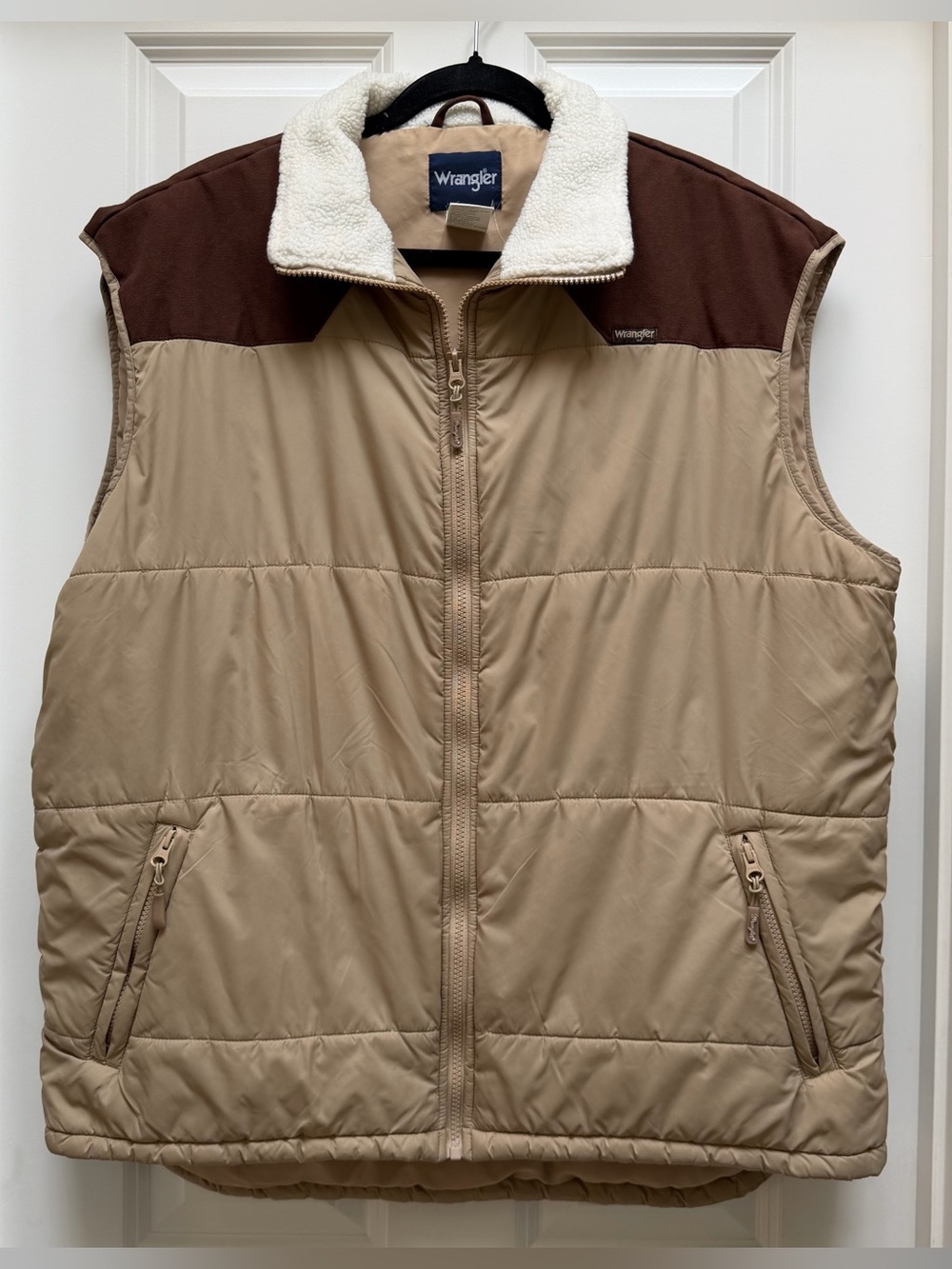 WRANGLER QUILTED PUFFER VEST SHERPA COLLAR GORPCORE BEIGE BROWN LARGE